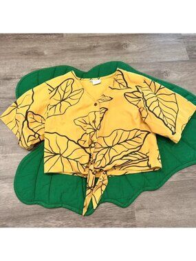 Simply Sisters Hawaii Womens Small Yellow Taro Kalo Leaf Blouse Tie Front Top